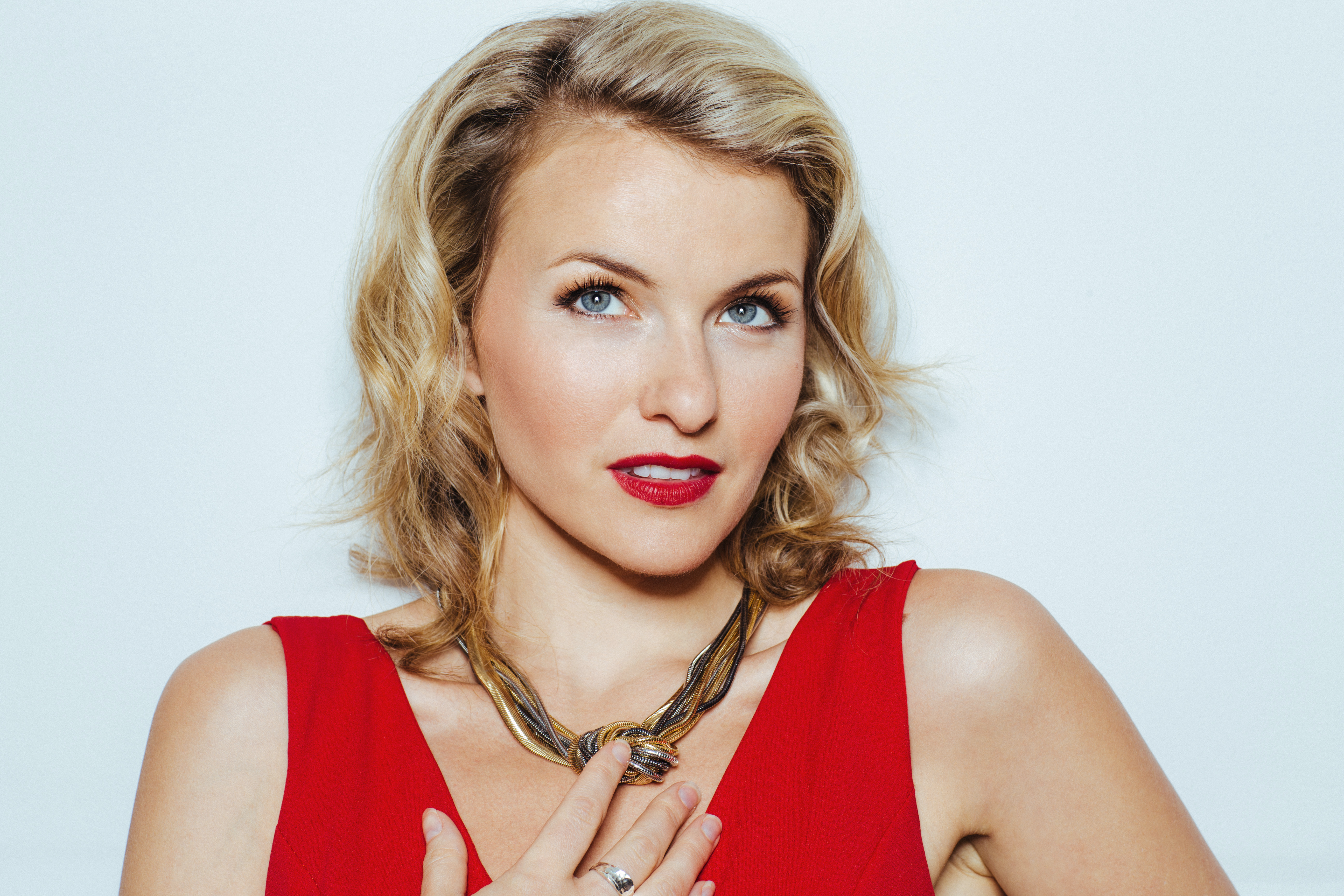 A woman in a red dress