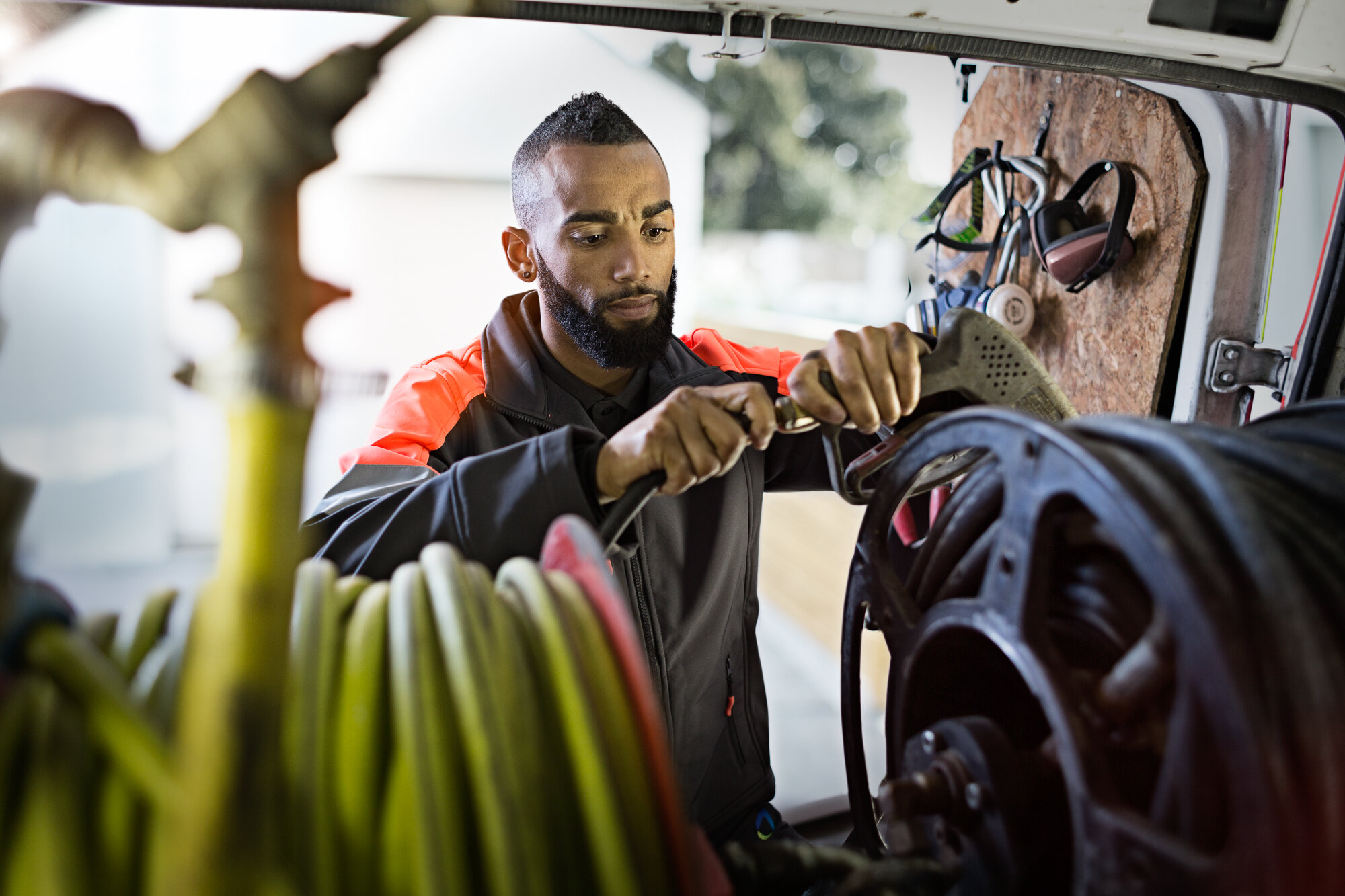 An engineer in a van